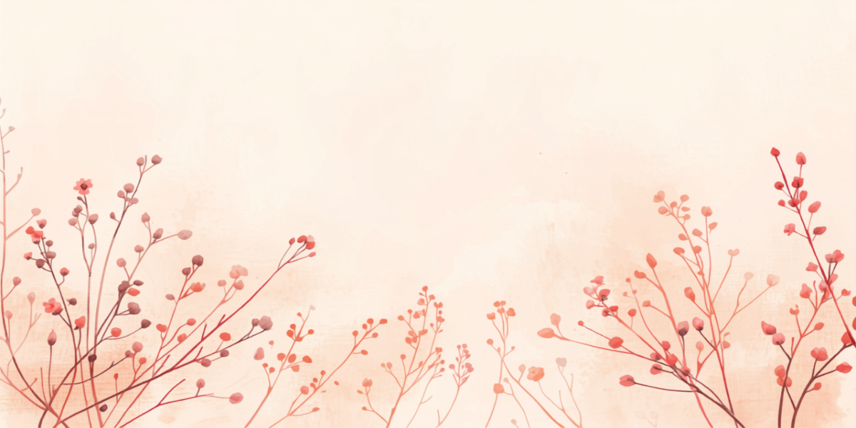 余白の広い淡い背景に、細い枝と小さな花がやわらかく描かれた水彩風のイラスト