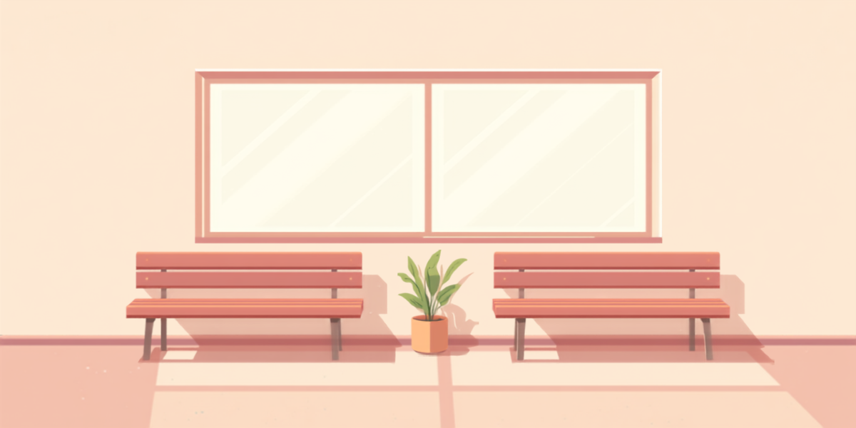 大きな窓から光が差し込む明るい待合室に、木のベンチと観葉植物が置かれているイラスト
