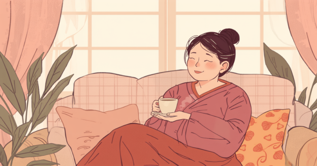 窓辺のソファでお茶を飲みながらくつろぐ40〜50代の女性のイラスト
