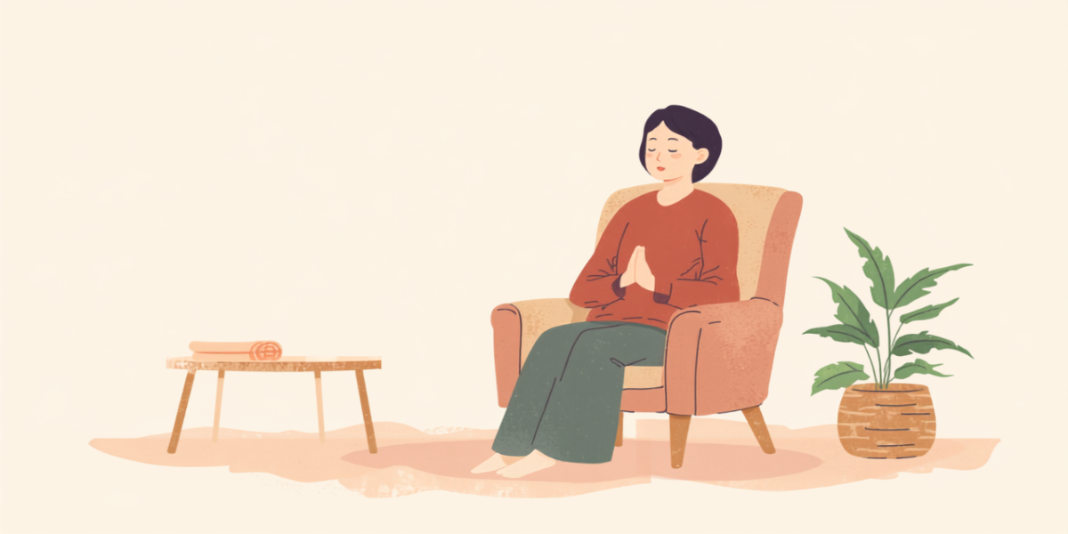 明るいリビングで背筋をのばし、ゆっくり深呼吸をする女性のイラスト
