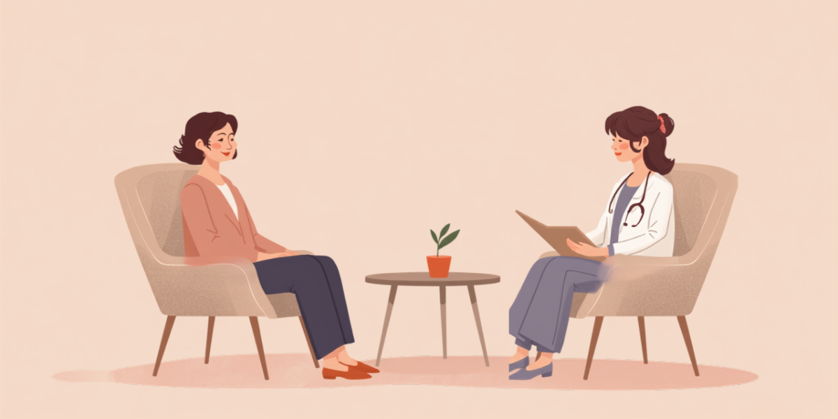 診察室で医師とおだやかに話をしている女性のイラスト