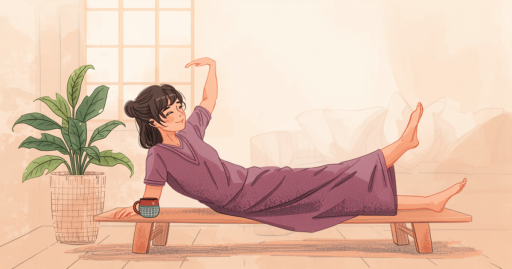 更年期の体重の変化とやさしく向き合う40〜50代女性が、明るい部屋でゆったりとストレッチをしているイラスト