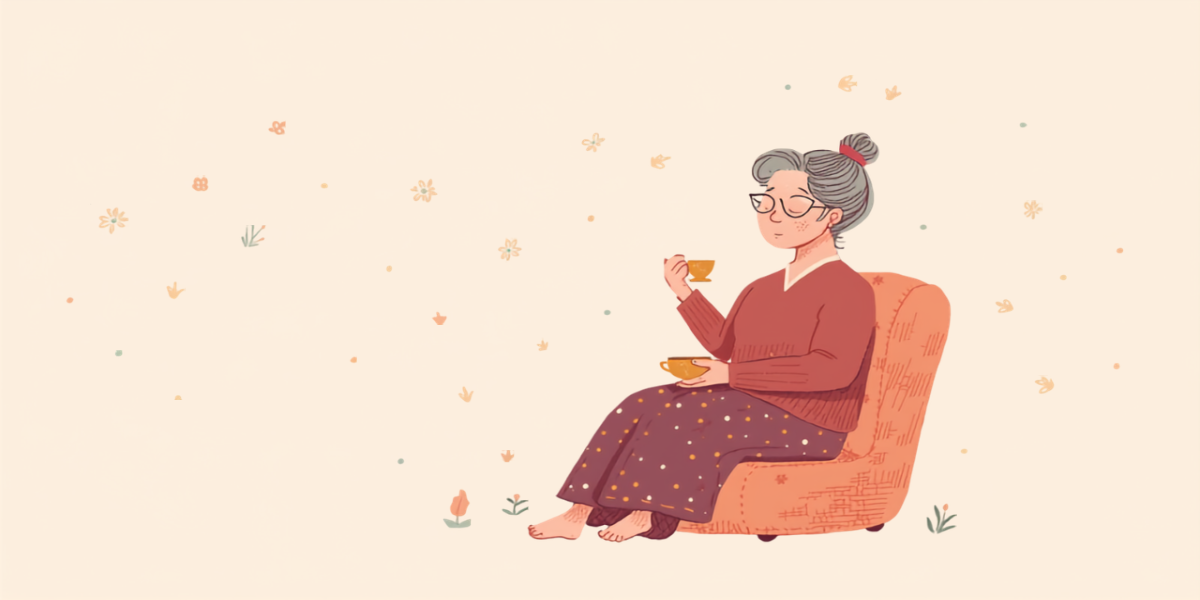 更年期に体重が増えやすくなる背景を、窓辺でお茶を飲みながら静かに振り返る女性のイラスト