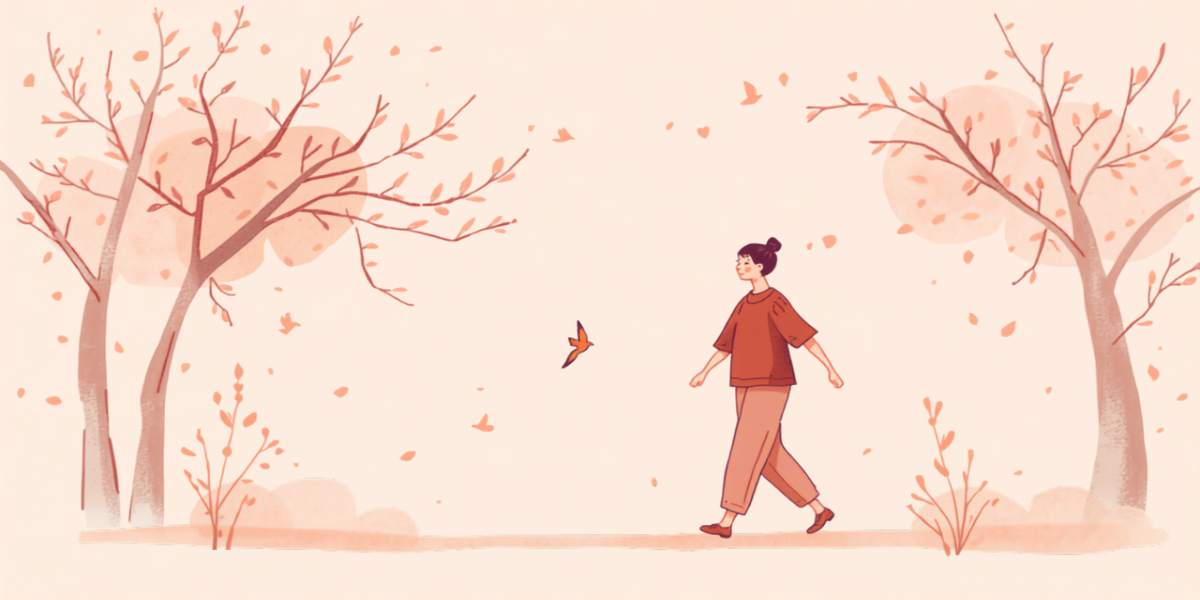 無理のない生活の工夫として、公園の並木道を軽やかに歩く女性のイラスト