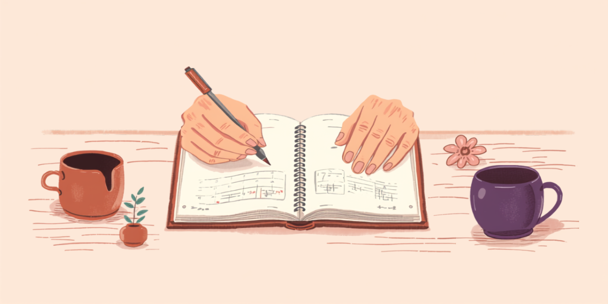 体調や体重の変化をノートとカレンダーに書きとめている手元のイラスト