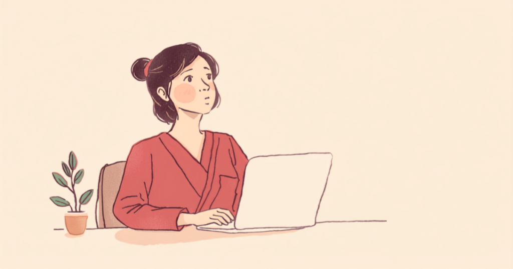 明るいオフィスのデスクで、少し手を止めてひと息ついている40代の女性のイラスト
