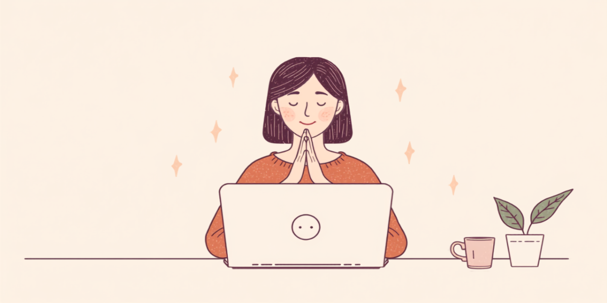 デスクで手を合わせ、目を閉じて呼吸を整えている女性のイラスト
