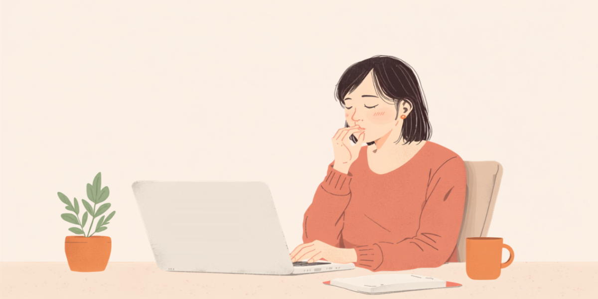 パソコンの前で少し手を止め、静かにひと息ついている女性のイラスト