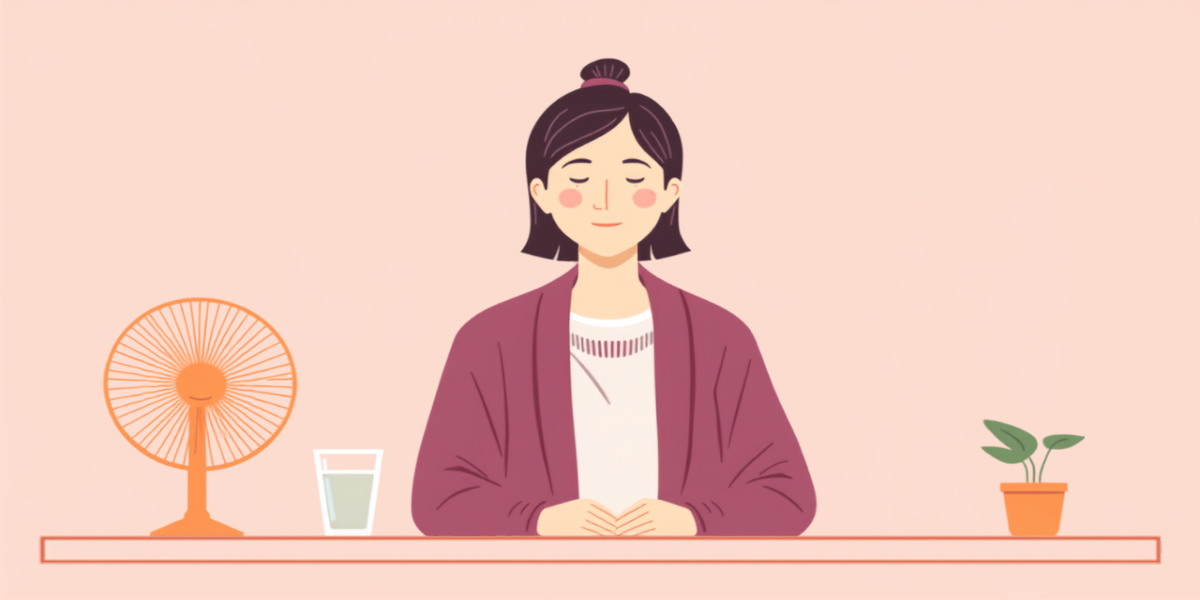 デスクで小さな扇風機のそばに座り、カーディガンをはおってひと息ついている女性のイラスト