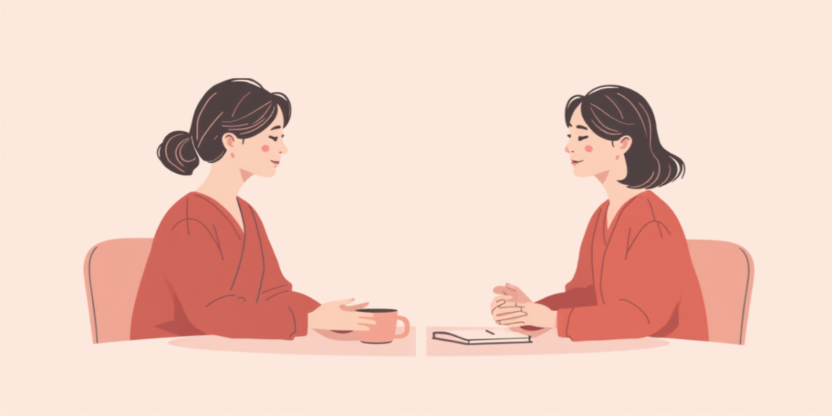 オフィスのテーブルをはさんで、ふたりの女性がおだやかに話をしているイラスト