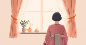 窓辺の椅子に腰かけて外を眺める女性と、湯気の立つティーカップのやわらかいイラスト
