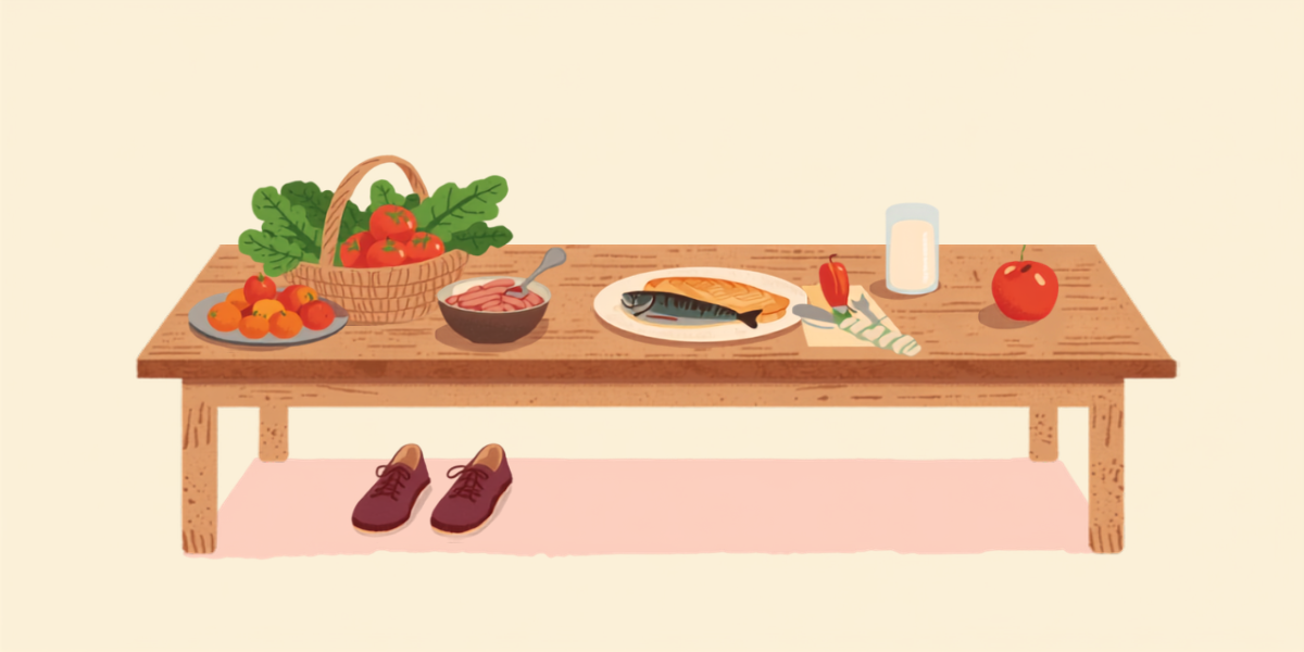 食卓に並んだ野菜や豆、果物と、そばに置かれたウォーキングシューズのやわらかいイラスト