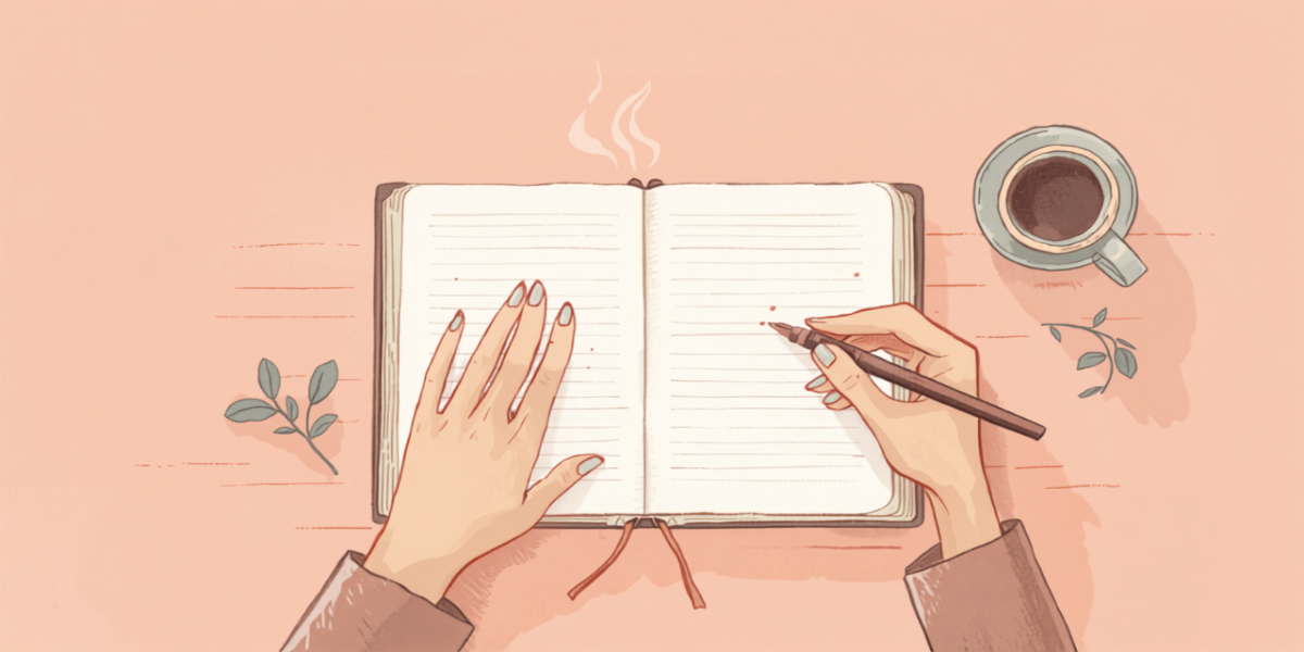 無地の手帳にペンで小さな印をつけている手元のやわらかいイラスト