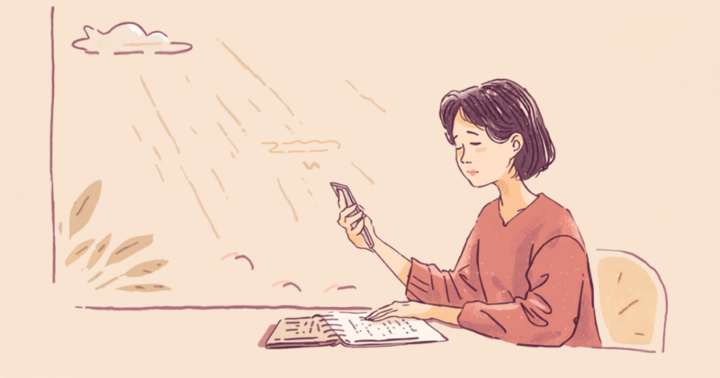 気圧予報を見ながら手帳に体調を書きとめる女性のイラスト