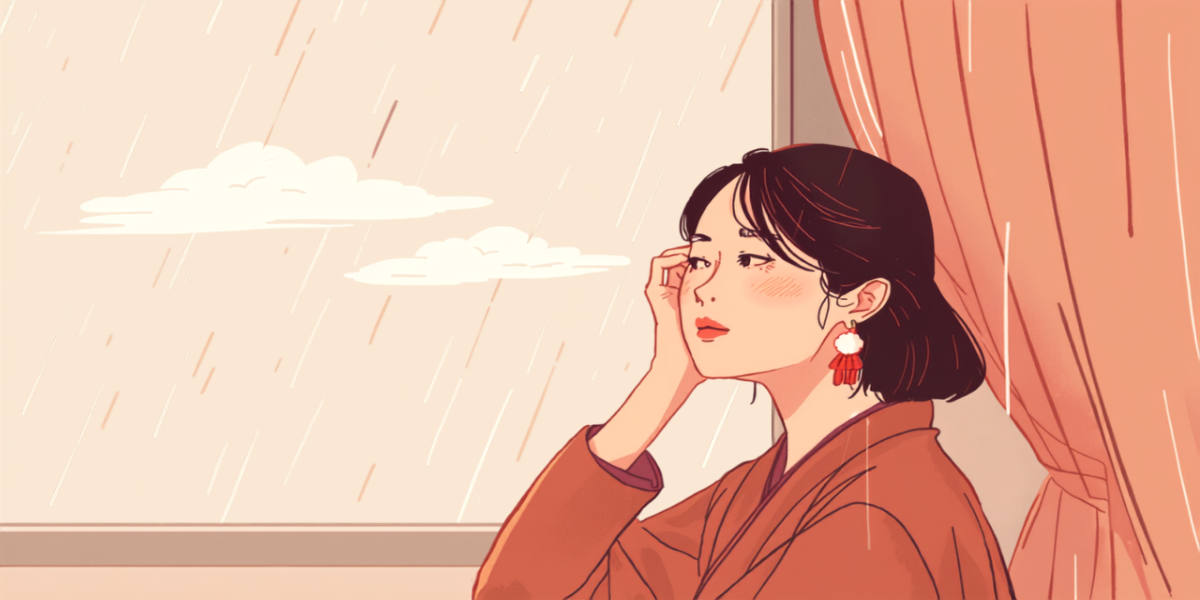 雨の日に窓の外を眺めながら、こめかみに手を添えて休む女性のイラスト