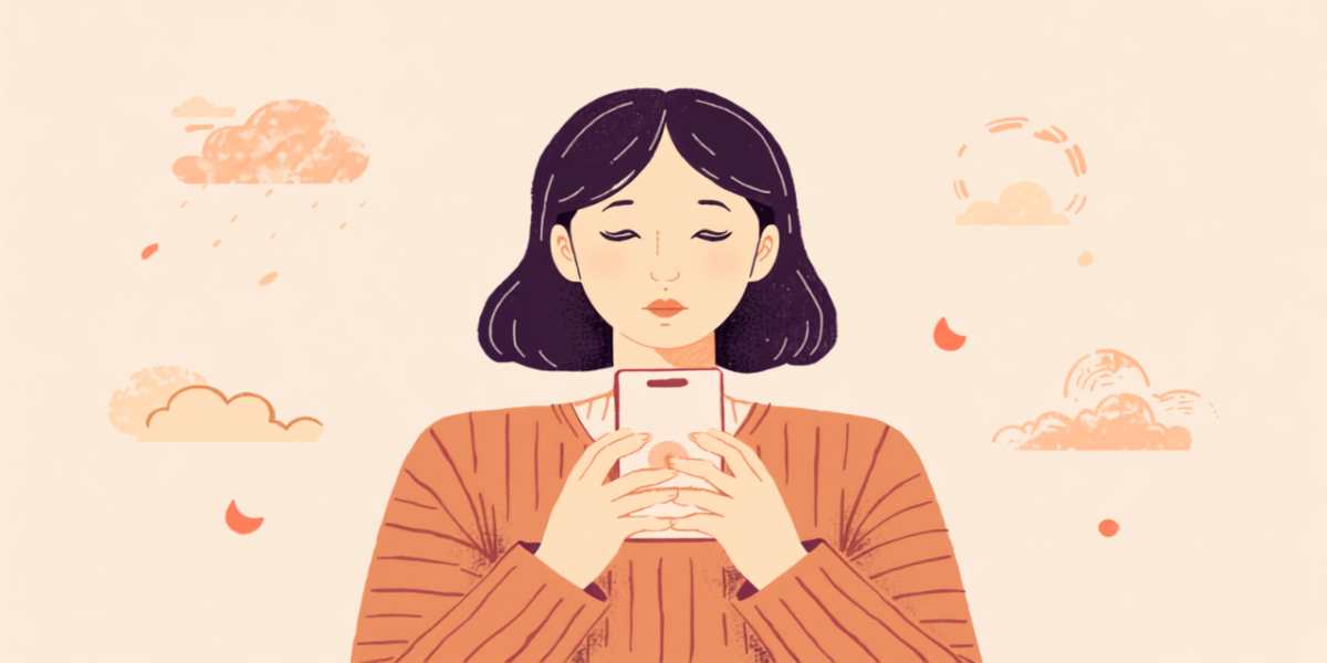 スマートフォンで気圧や天気の予報をたしかめる女性のイラスト