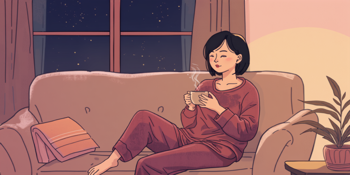 天気が崩れそうな日の前夜、あたたかい飲み物でゆっくり過ごす女性のイラスト