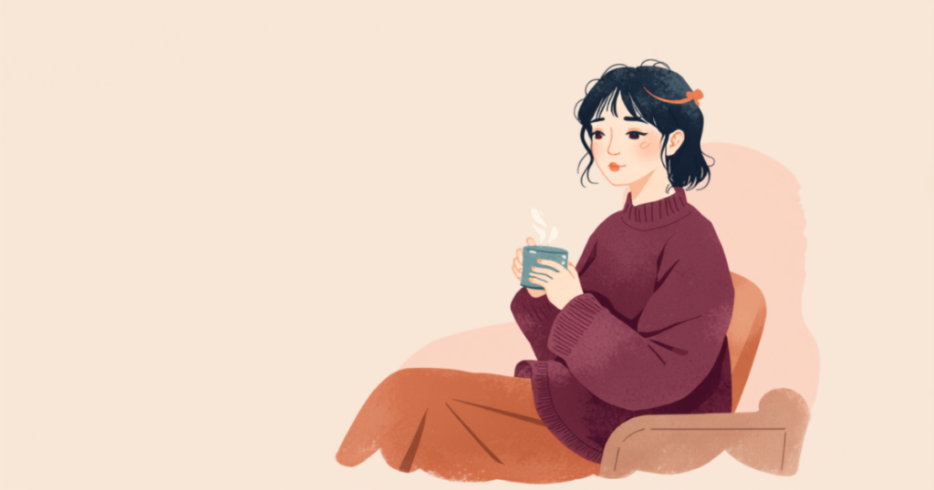 窓辺の椅子で温かい飲み物を手にひと息ついている若い女性のイラスト