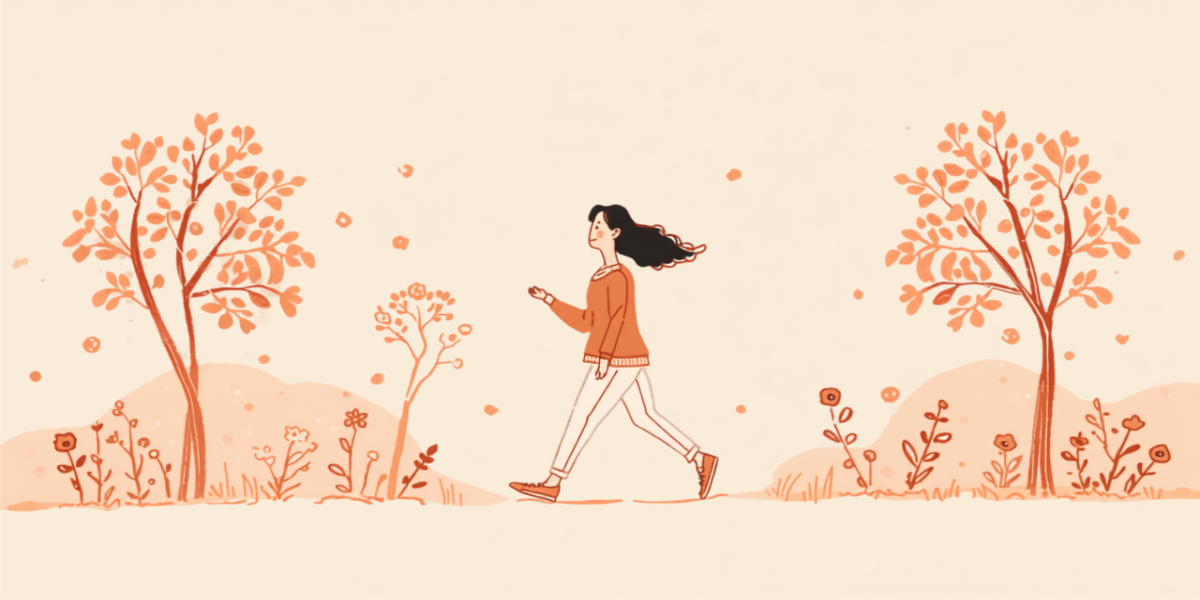花の咲く公園を軽やかに歩いて気分転換をしている女性のイラスト