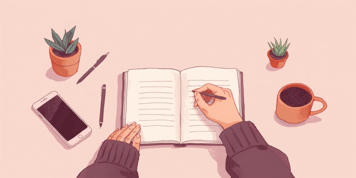 ノートに体調の記録を書き込む手元とスマートフォンのイラスト
