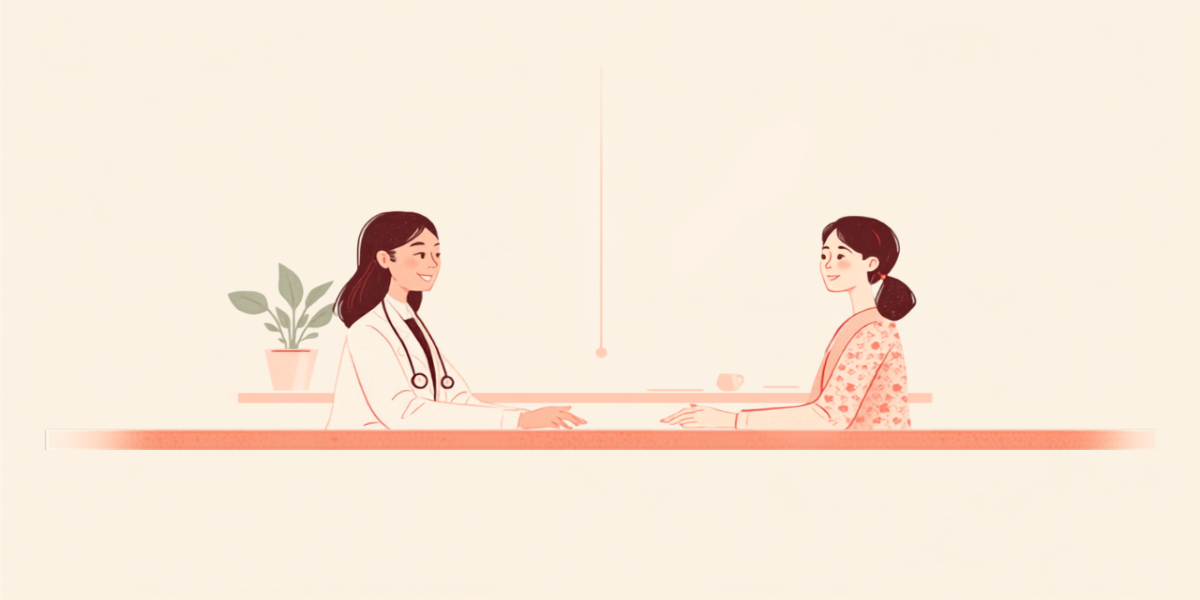 診察室で医師とおだやかに話をしている女性のイラスト
